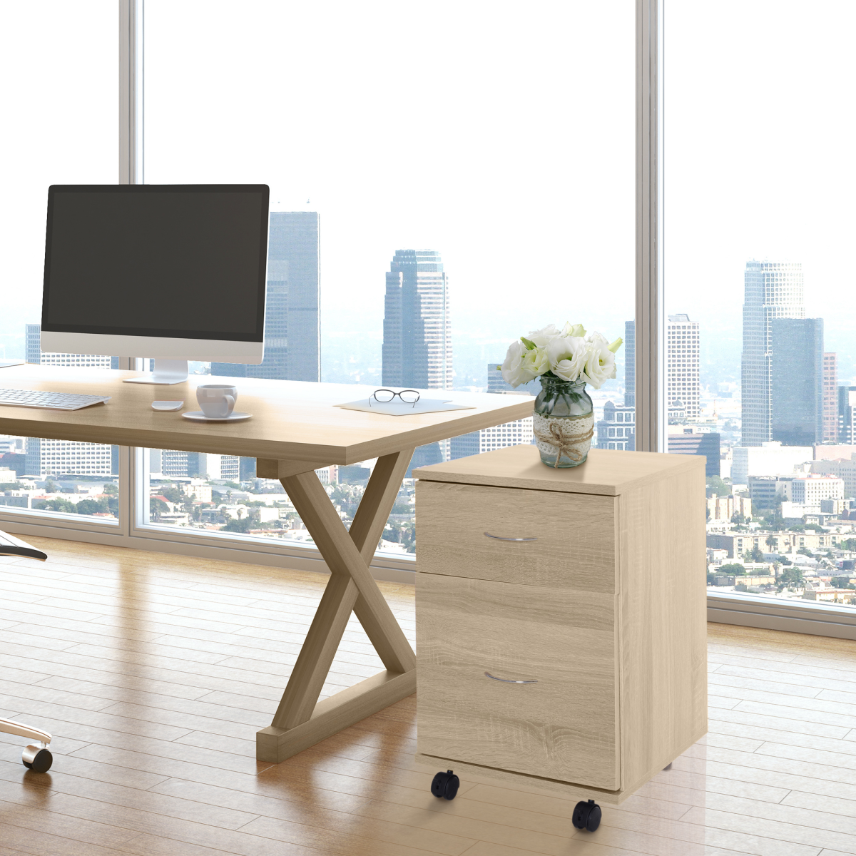 Mobile File Cabinet Wooden Side Table with 2 Drawers Pedestal Office Oak
