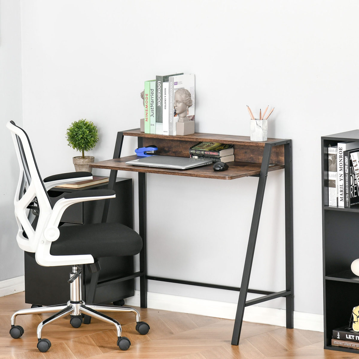 Office PC Workstation Storage Shelf Color Rustic Brown Metal Frame