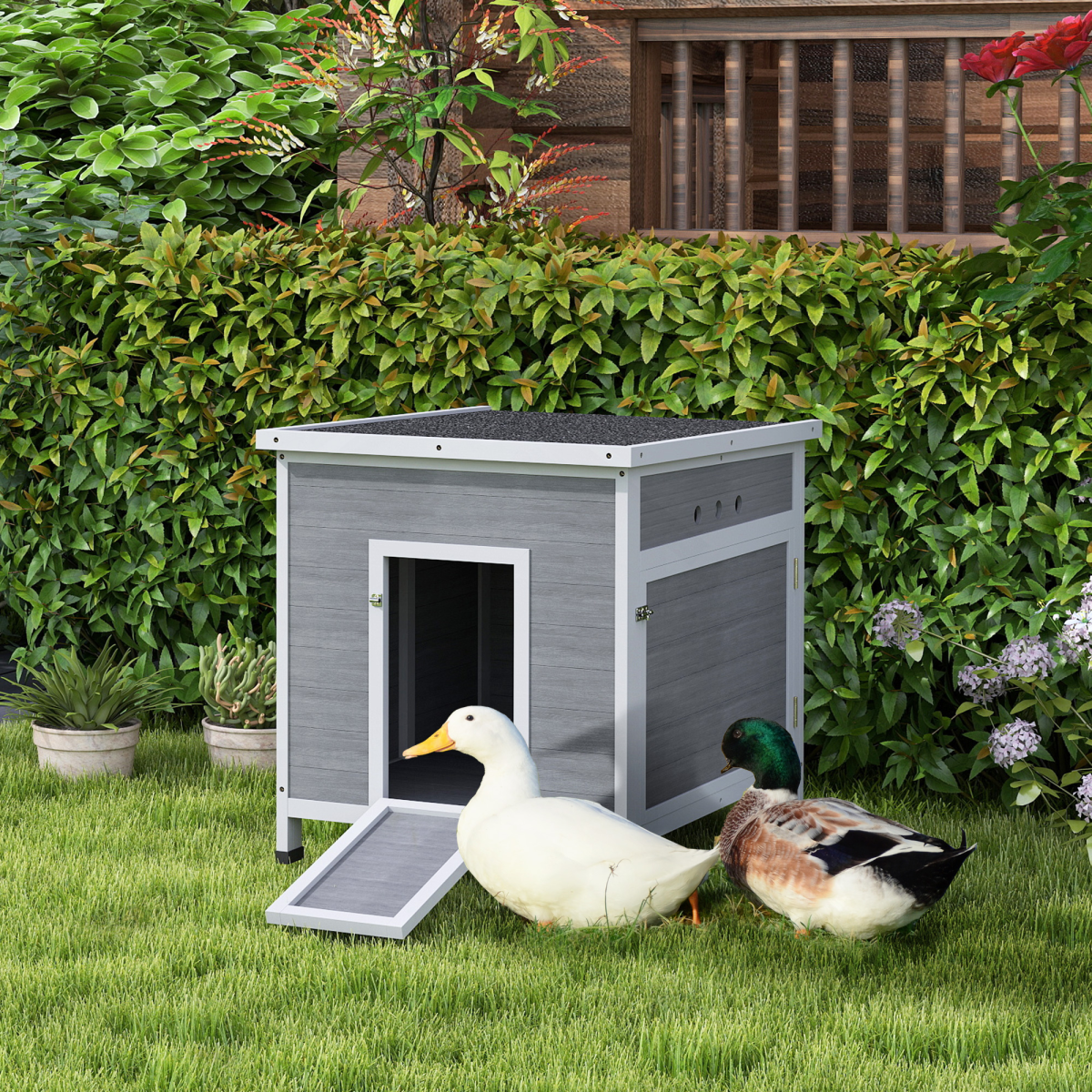 PawHut Wooden Duck House, Poultry Coop w/ Double Doors, Openable Roof, Grey