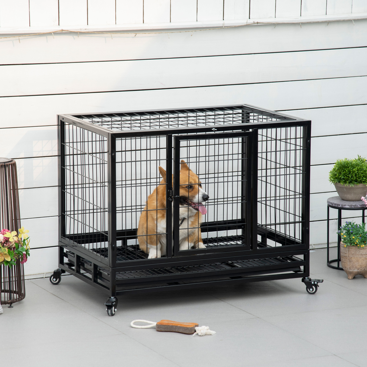 PawHut 36 inch Heavy Duty Metal Dog Crate Pet Cage with Tray Wheeled Dog Kennel - Black (Medium)