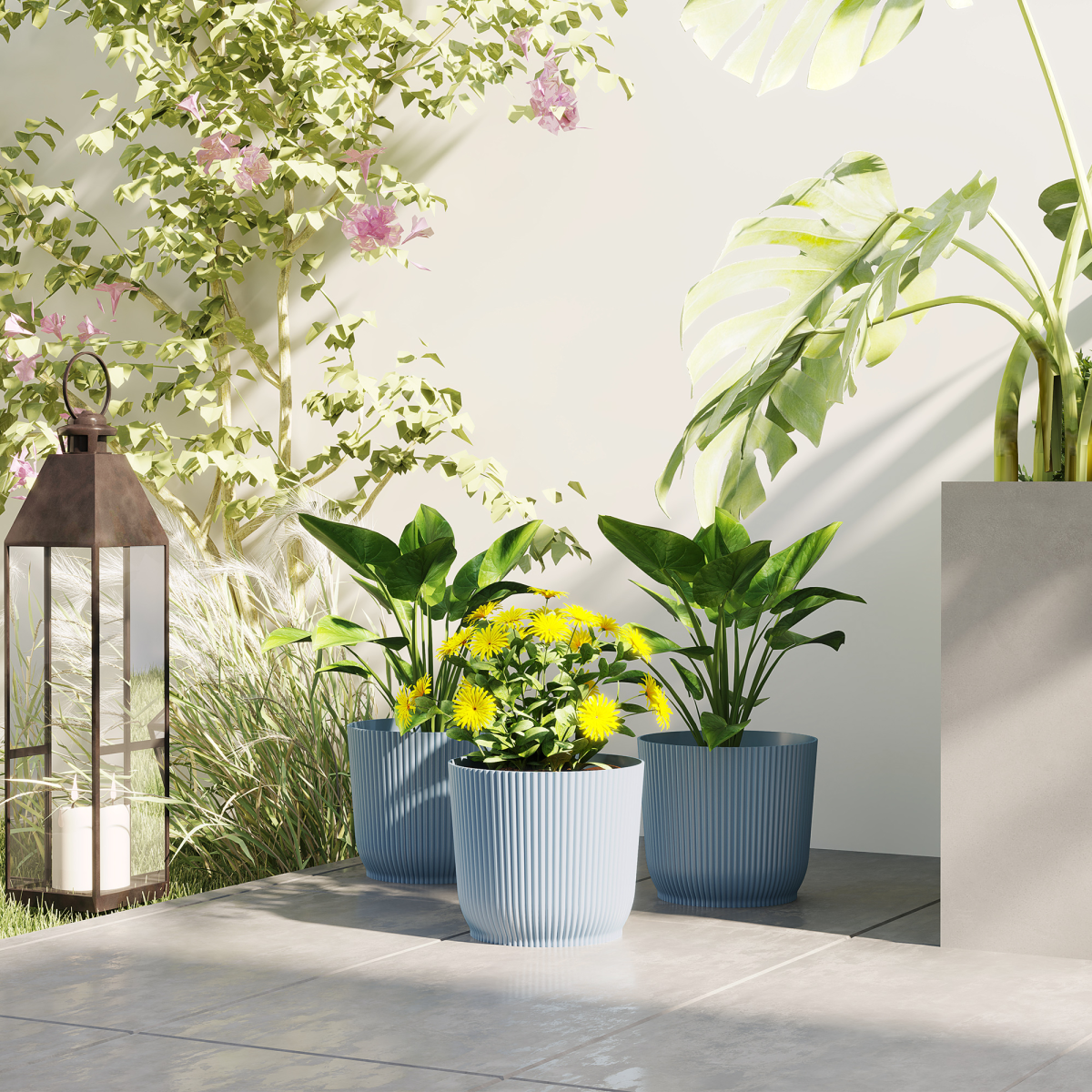 Outsunny Set of 3 Round Plant Pots Outdoor 22cm for Garden Decoration, Blue