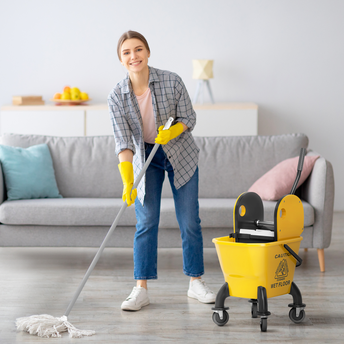HOMCOM Mop Bucket with Wringer on Wheels for Floor Cleaning 26 Litre Yellow
