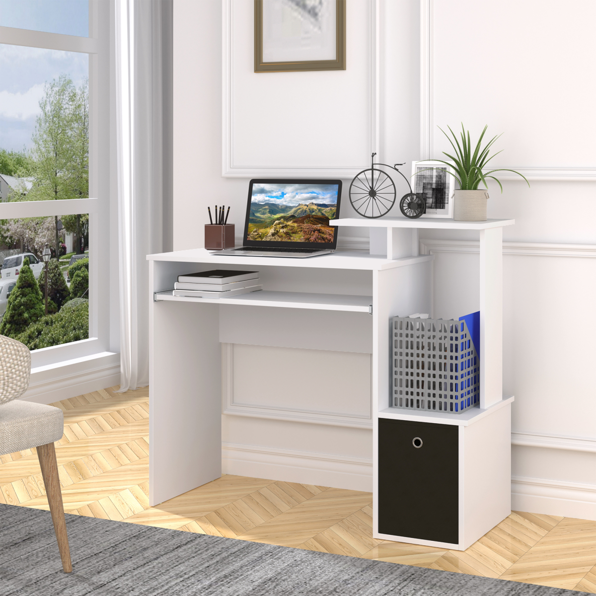 Computer Desk with Sliding Keyboard Tray Storage Drawer Shelf White
