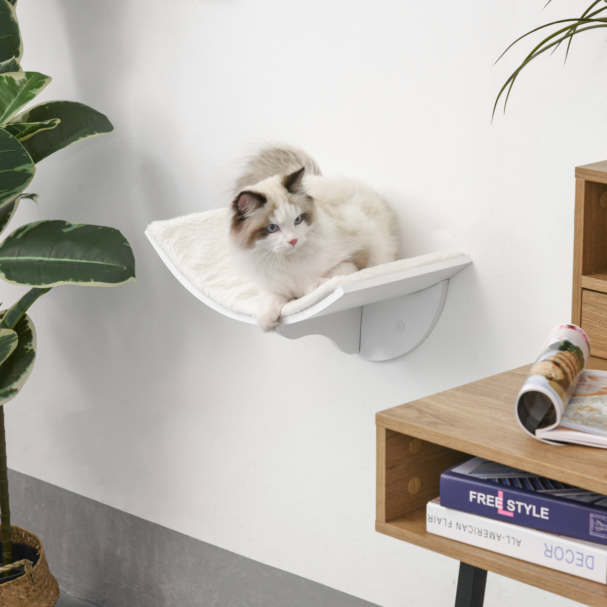 Wood Cat Shelf Shelter Kitten Bed Curved Climber Wall-Mounted Berber Fleece