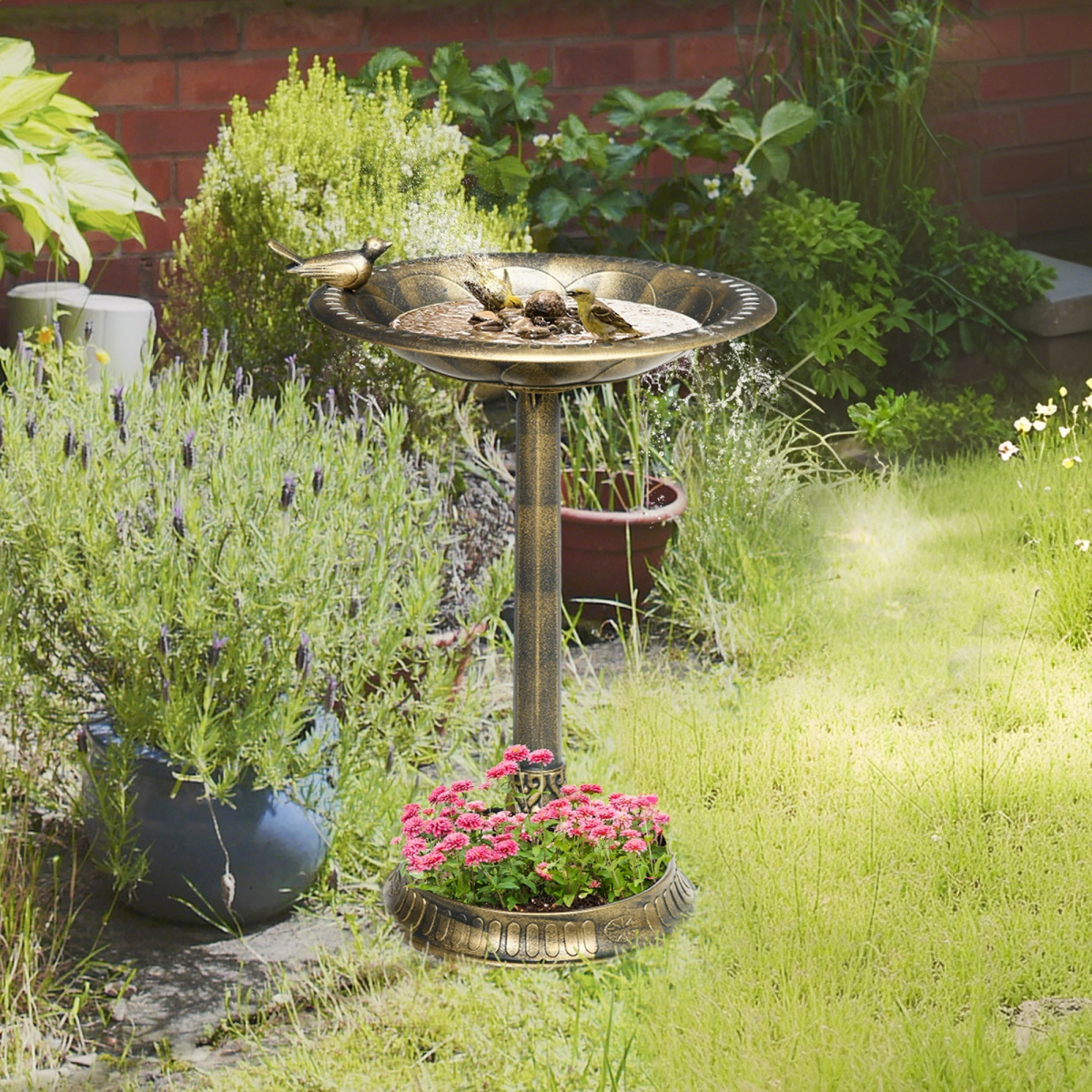 Outsunny 72cm Tall Bird Bath with Bird Decoration for Garden, Bronze Tone