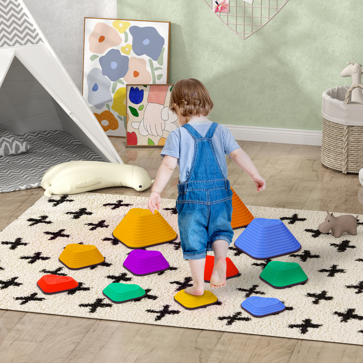 AIYAPLAY 11PCs Kids Stepping Stones, Non-Slip Stackable River Stones
