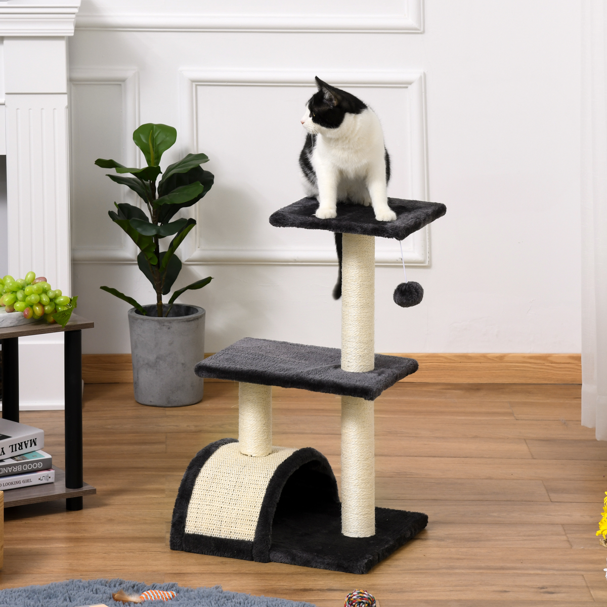 Cat Tree Activity Center Scratching Posts Sisal Arc Hanging Ball Grey Pawhut