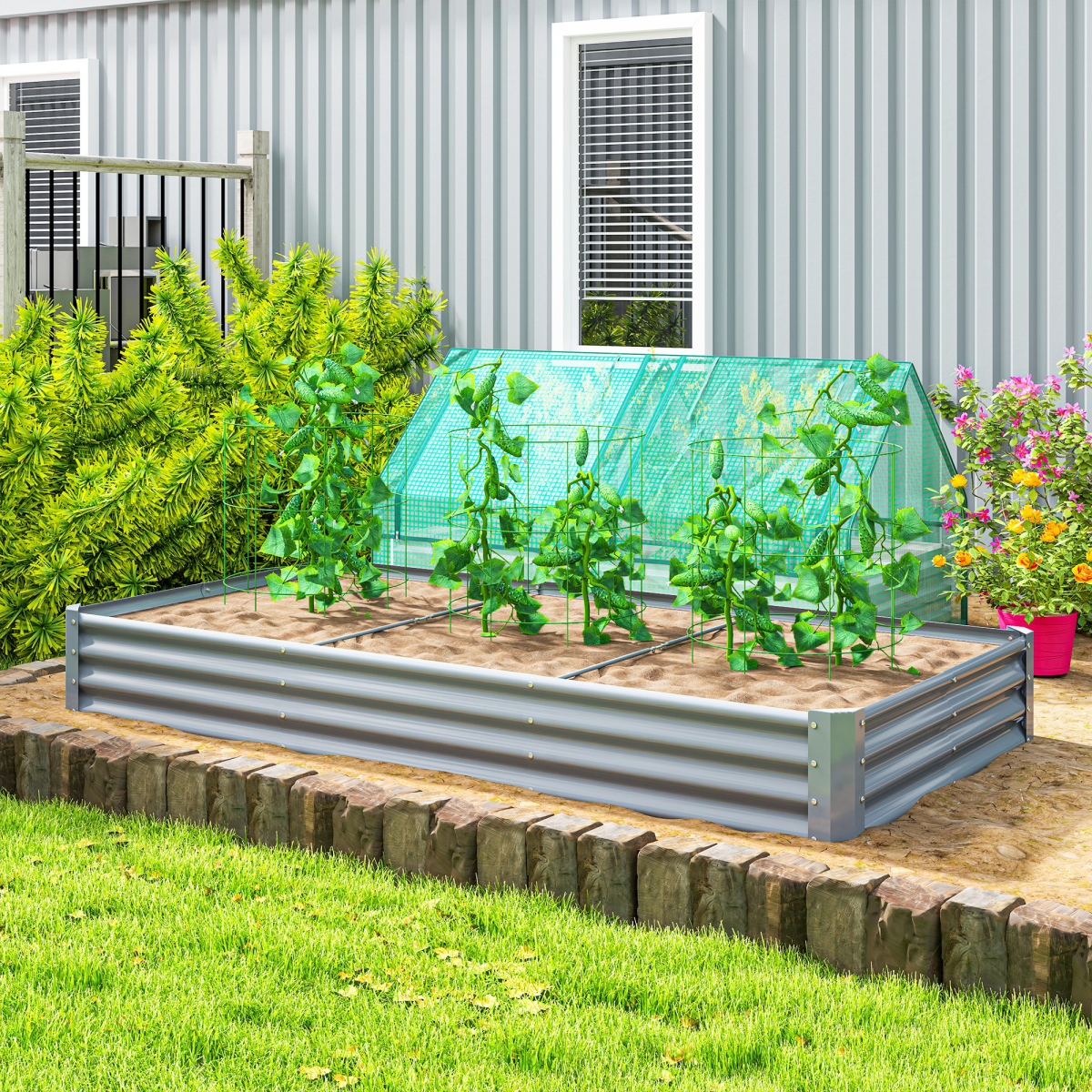 Outsunny Galvanised Raised Garden Bed, 240x120x30cm Raised Bed, Silver