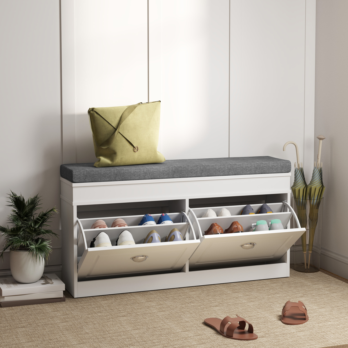 HOMCOM Shoe Storage Bench with Seat Cushion Cabinet Organizer with 2 Drawers