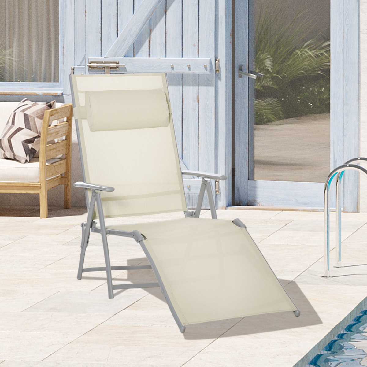 Sun Lounger Folding Chaise Chair Recliner & 7 Adjustable Backrest - Beige