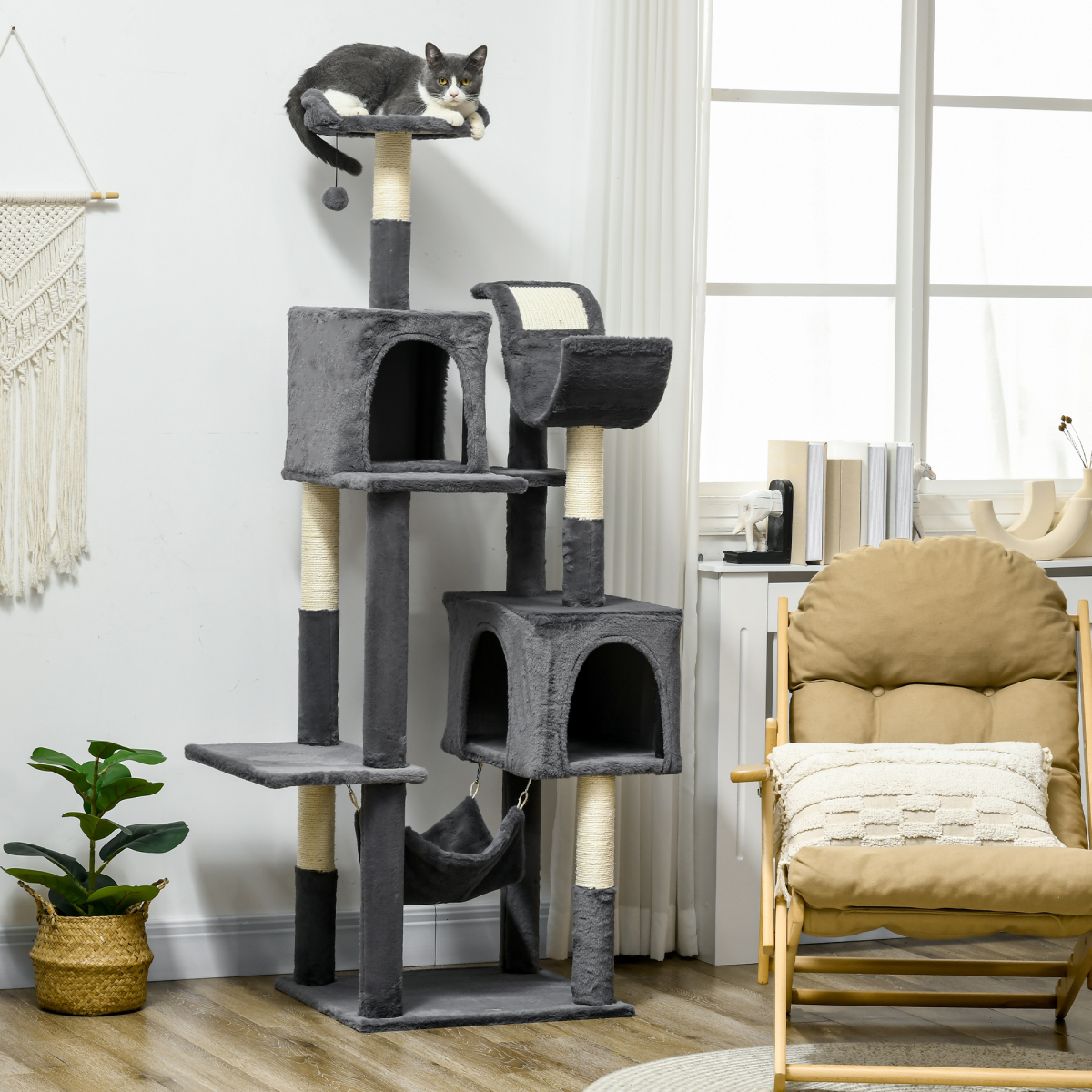 PawHut 177cm Cat Tree for Indoor Cats, Modern Cat Tower with Hammock - Dark Grey