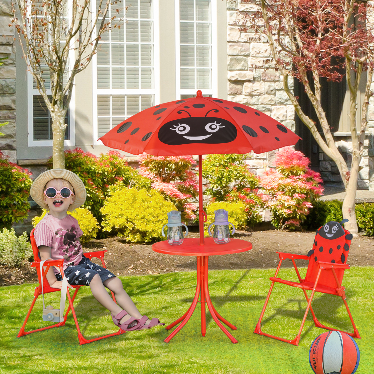 Kids Folding Picnic Table Chair Set Ladybug Pattern Outdoor