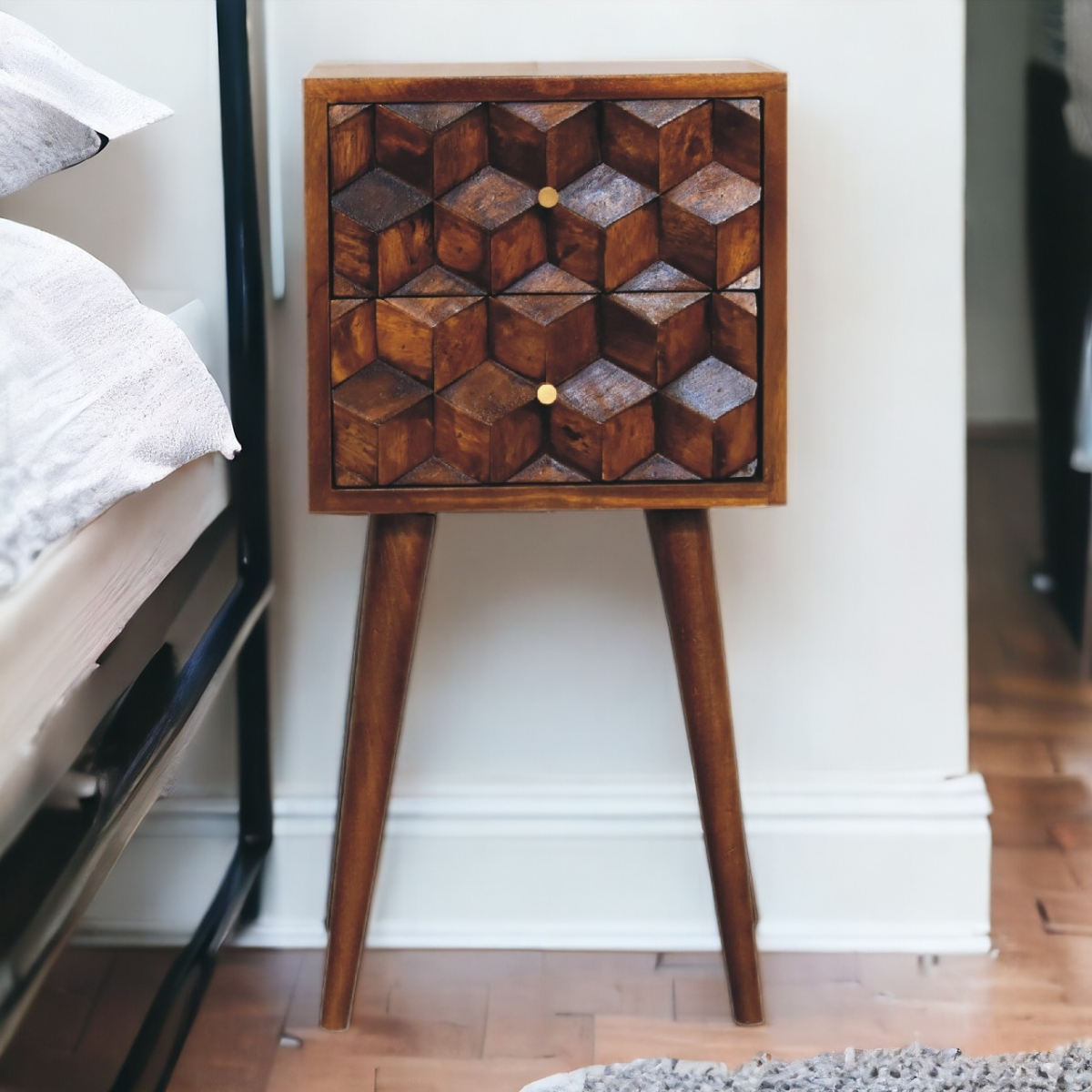 Artisan Furniture Solid Wood Mini Chestnut Cube 2 Drawer Bedside