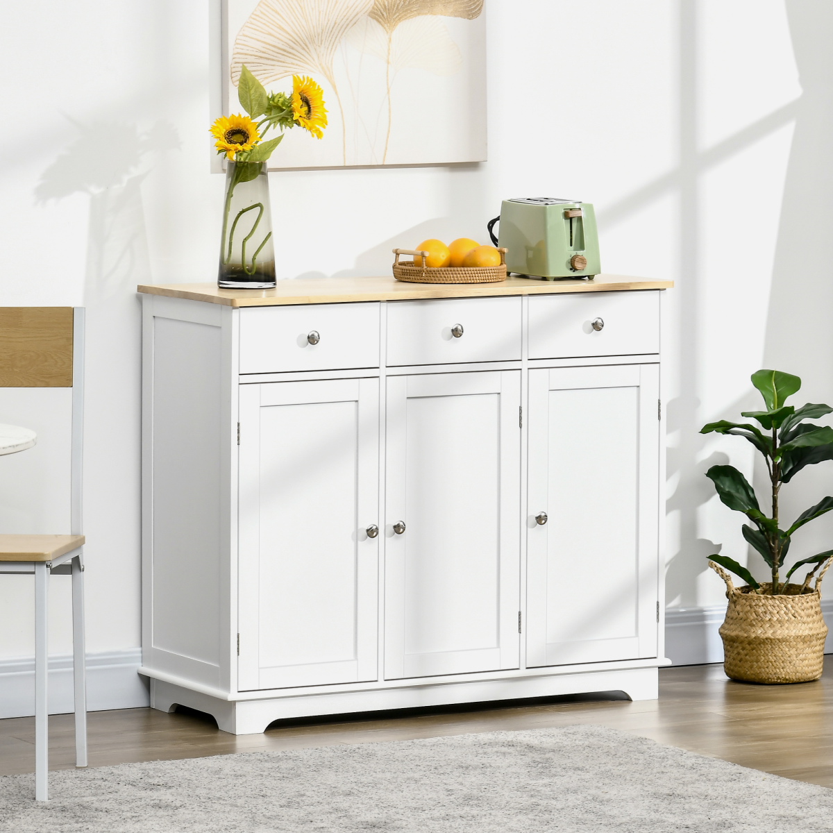 Sideboard with Rubberwood Top, Buffet Drawers and Adjustable Shelves White