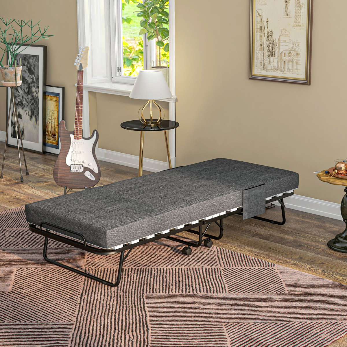 HOMCOM Folding Bed with Mattress Foldable Guest Bed on Wheels w/ Cover Dark Grey