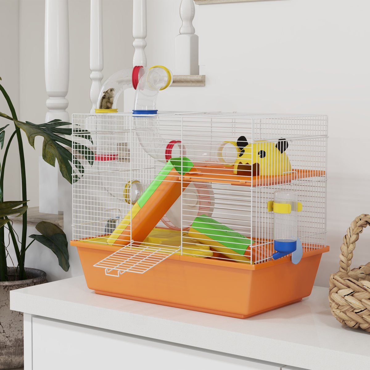 PawHut Hamster Cage, 3 Tiers Gerbil Cage for Dwarf Hamsters with Tubes, Ladder