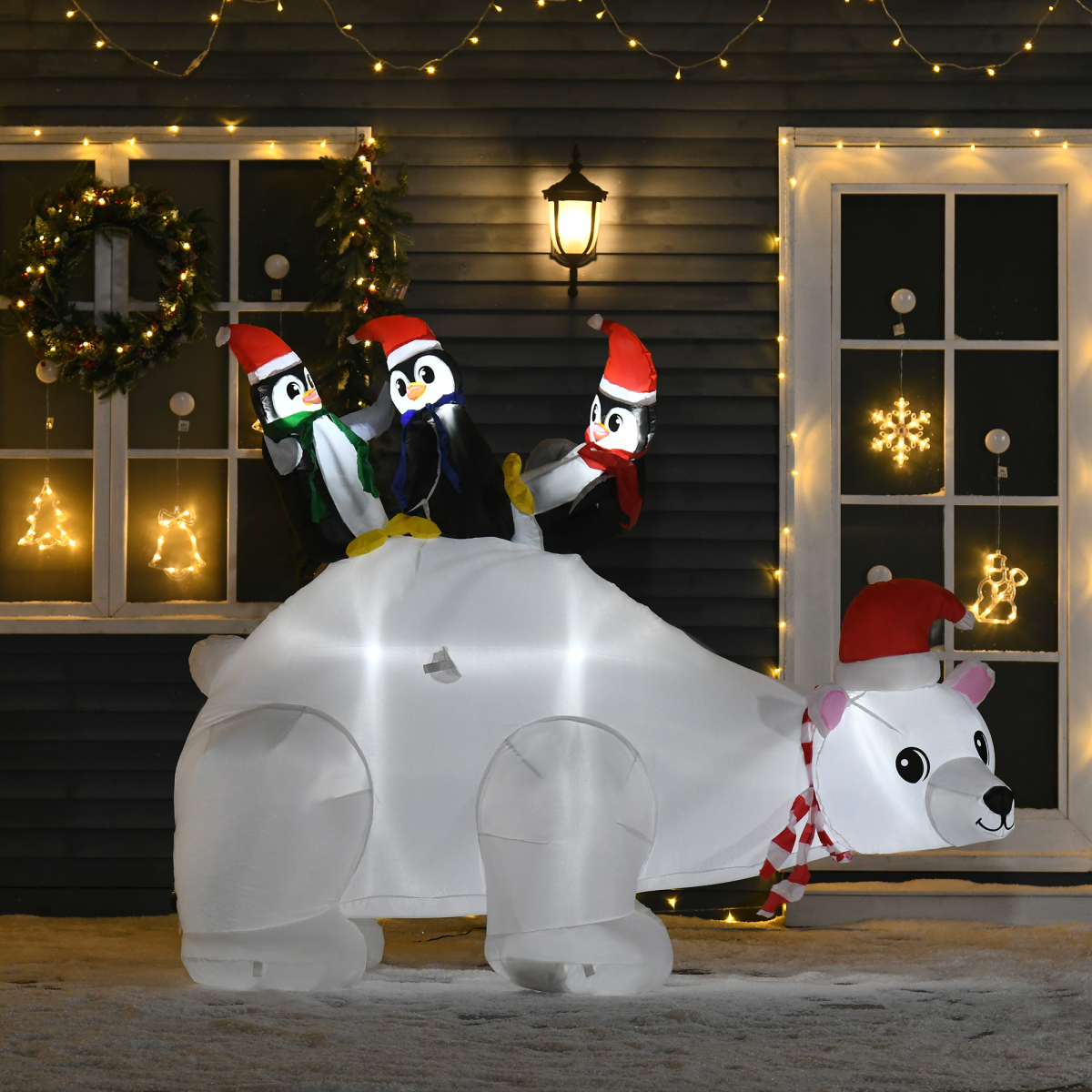 5ft Outdoor Christmas Inflatable with LED Ligh Polar Bear Three Penguins Garden
