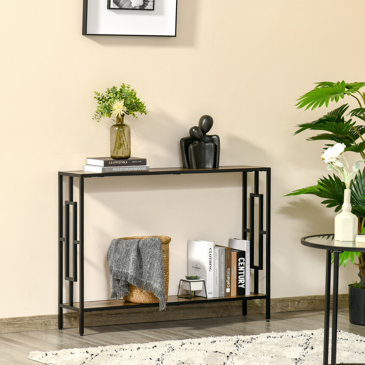 Industrial Console Table Desk with Metal Frame Rustic Brown Black