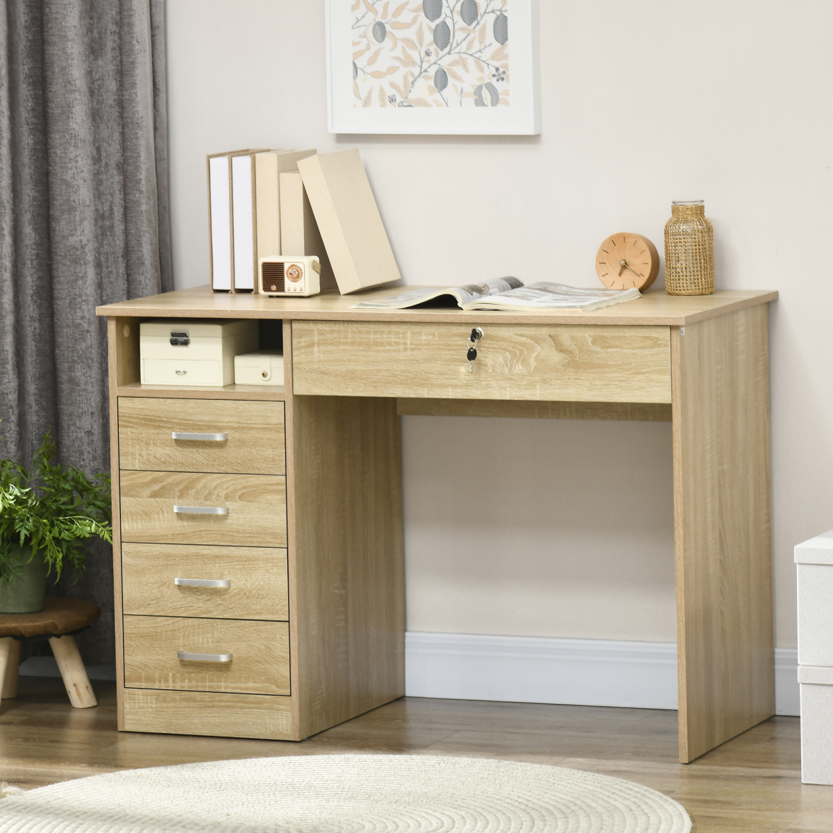 Computer Desk Writing Desk with Five Drawers for Home Office Oak
