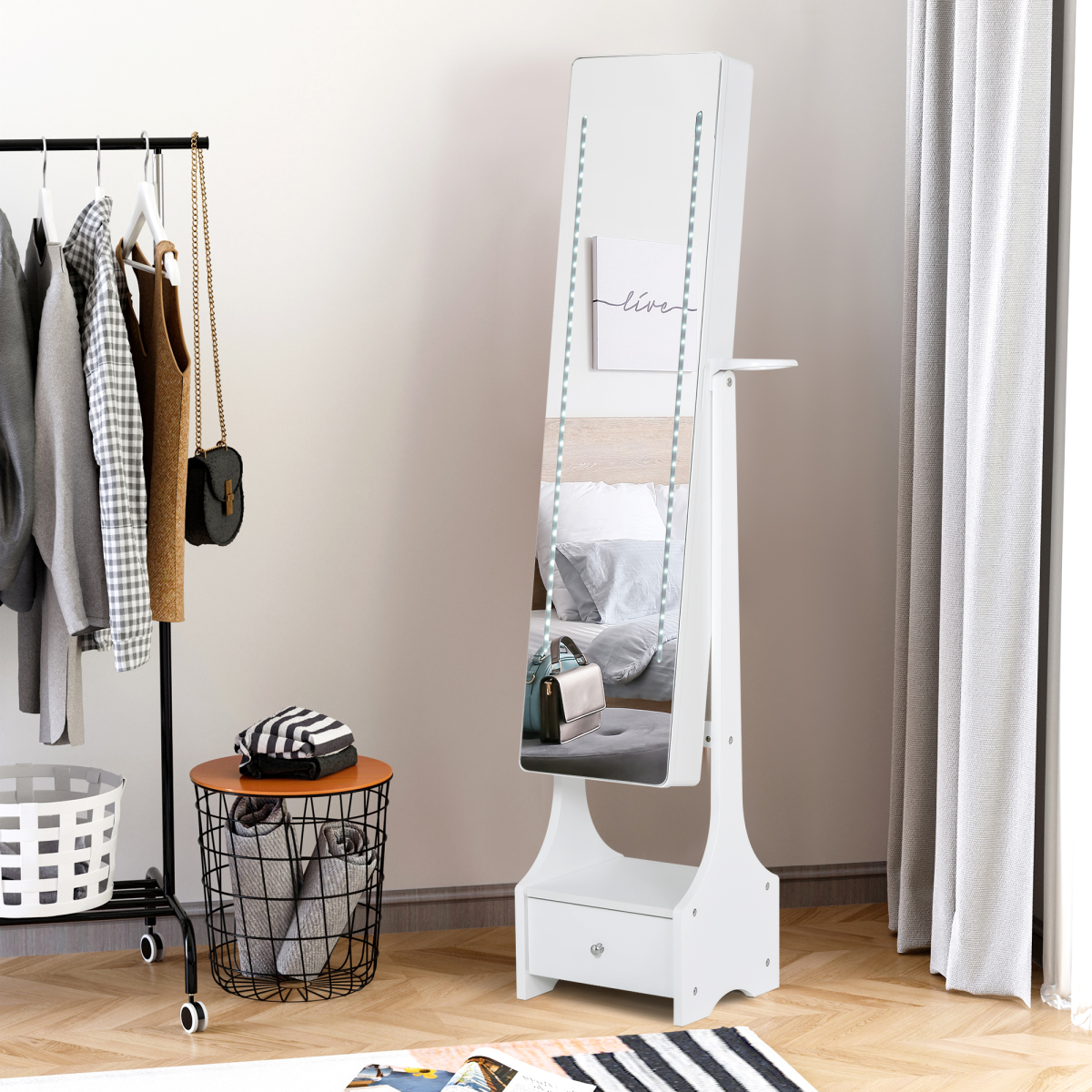 Freestanding Jewellery Storage Mirror Armoire  LED Lights Hooks Drawer