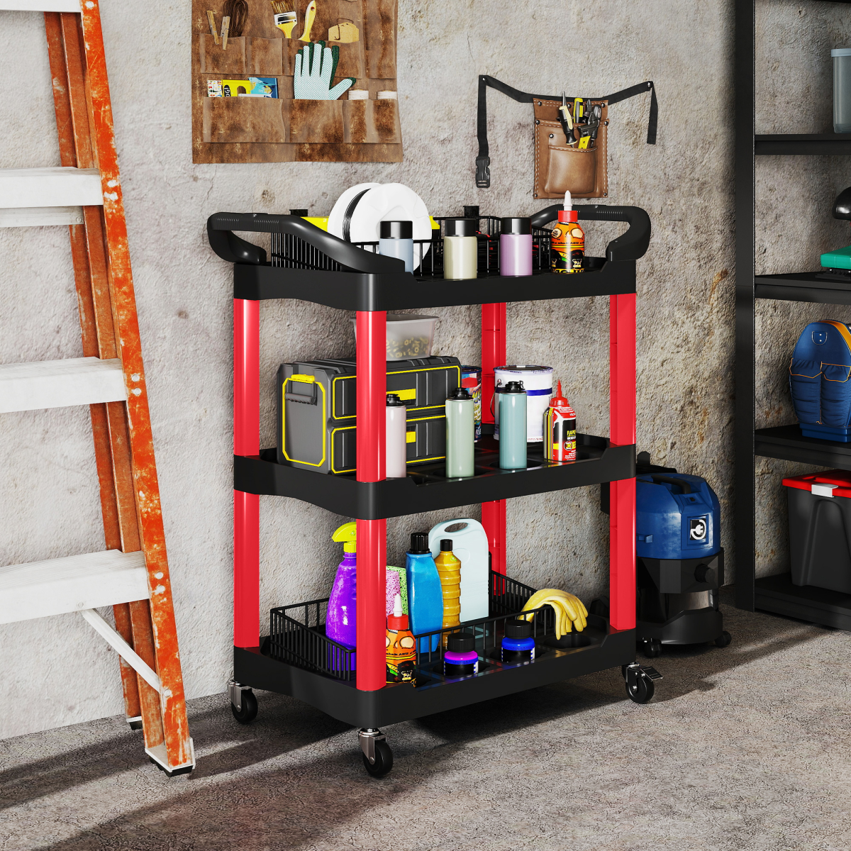 HOMCOM 3-Tier Rolling Tool Cart, Tool Trolley on Wheels for Garage, Black