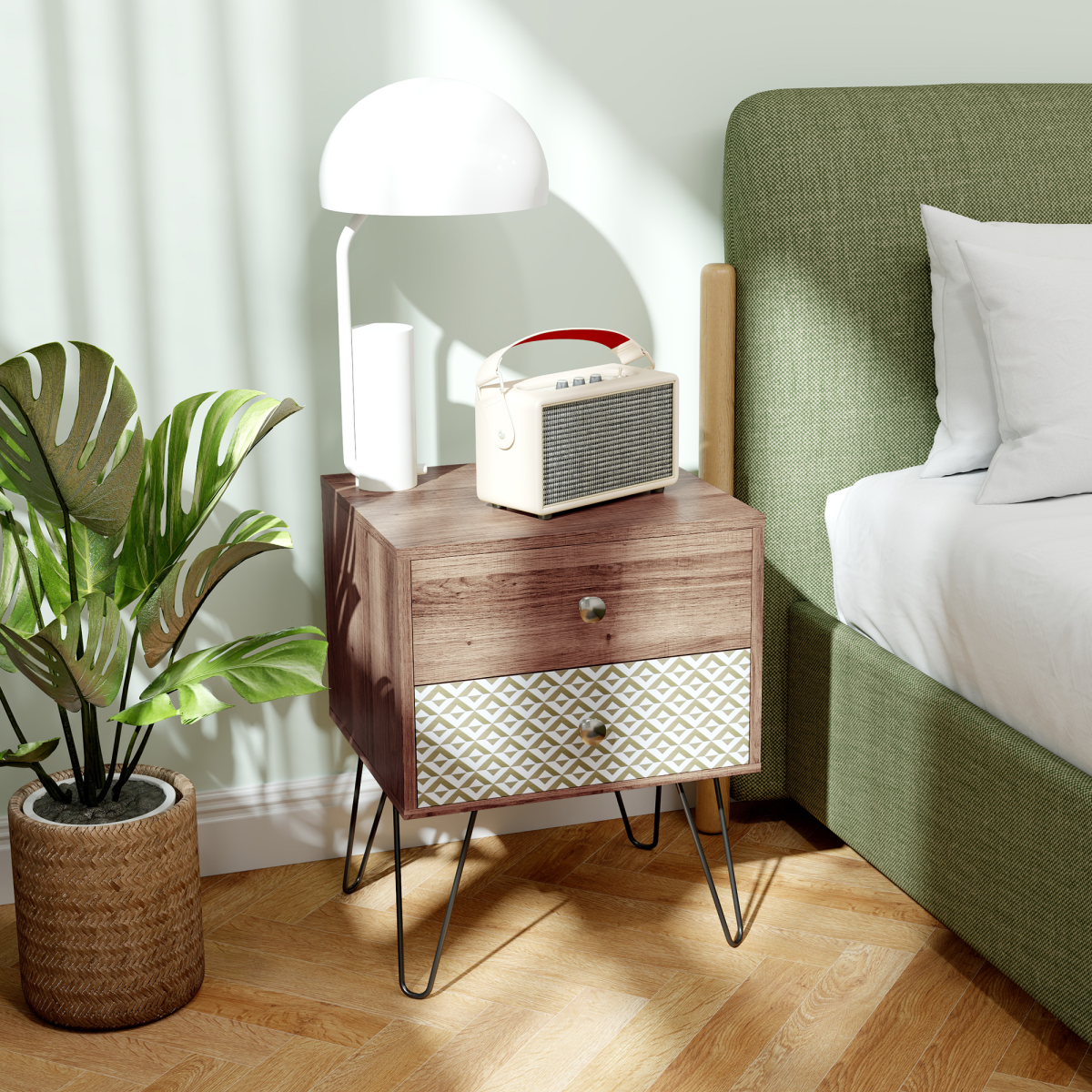 Chic Boho Style Bedside Table with Storage - Brown Wood Effect Design