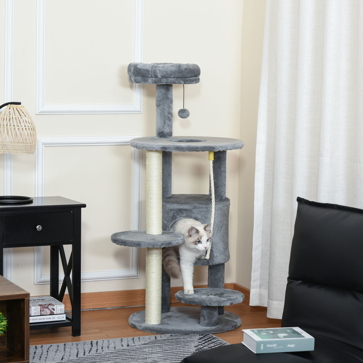 Cat Tree Tower Activity Center with Hanging Ball Toy Teasing Rope Dark grey