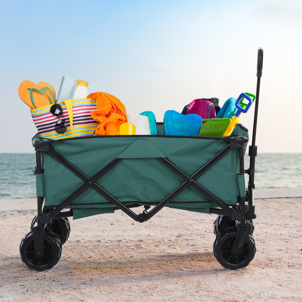 Outsunny Outdoor Cart Folding Cargo Wagon Trailer Beach w/ Telescopic Handle