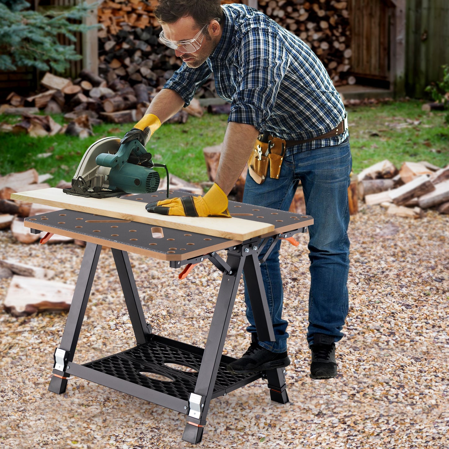 2-in-1 Folding Work Table with 2 Quick Clamps and 8 Adjustable Heights -Orange