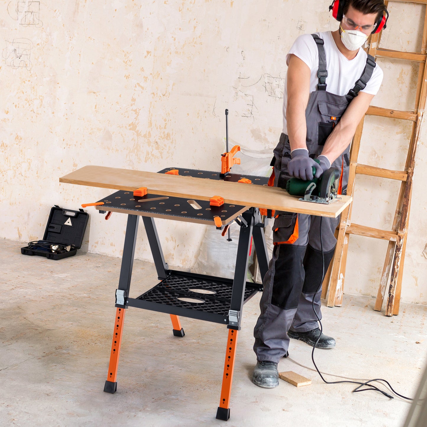 2-in-1 Folding Work Table with 2 Quick Clamps and 8 Adjustable Heights -Orange