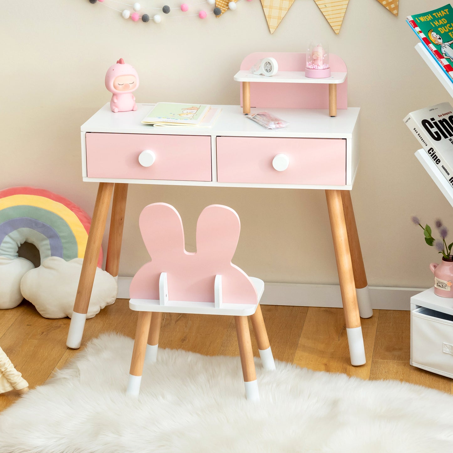 2-in-1 Kids Princess Vanity Table and Chair Set-Pink