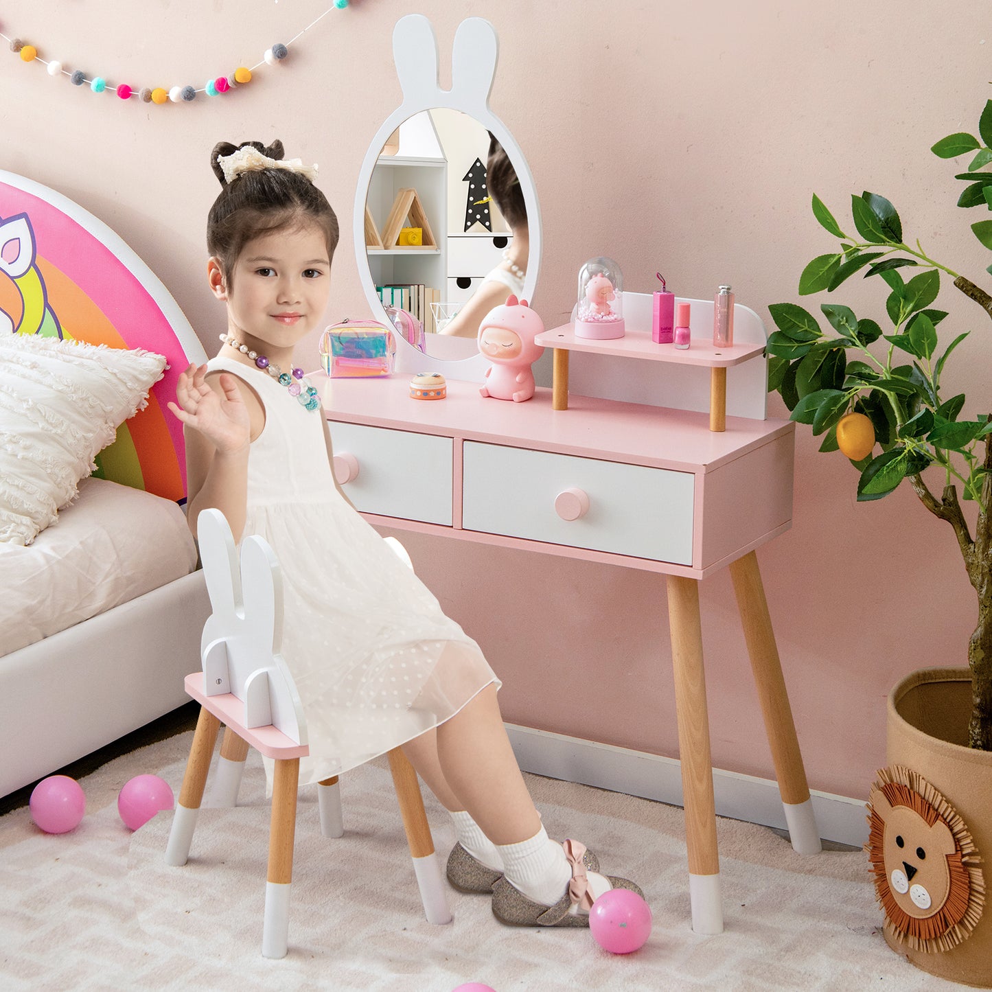 2-in-1 Kids Princess Vanity Table and Chair Set-Pink