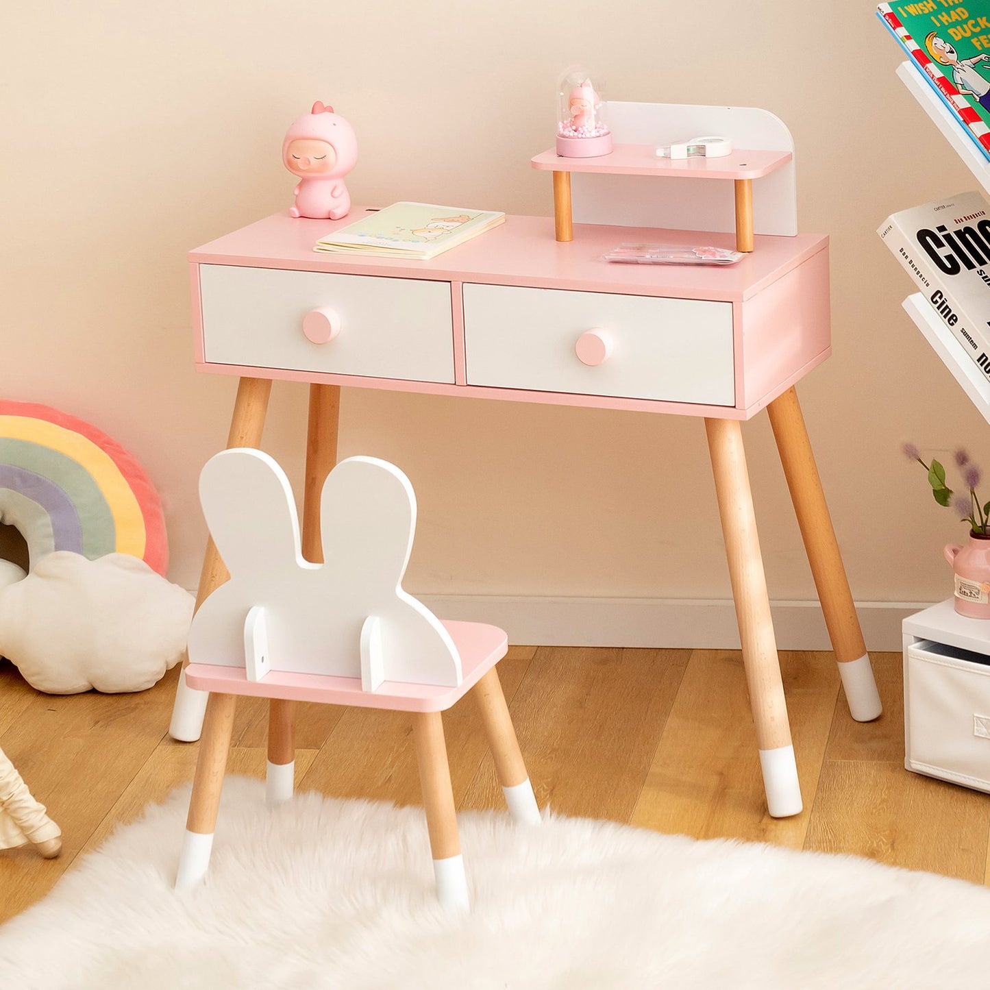 2-in-1 Kids Princess Vanity Table and Chair Set-Pink