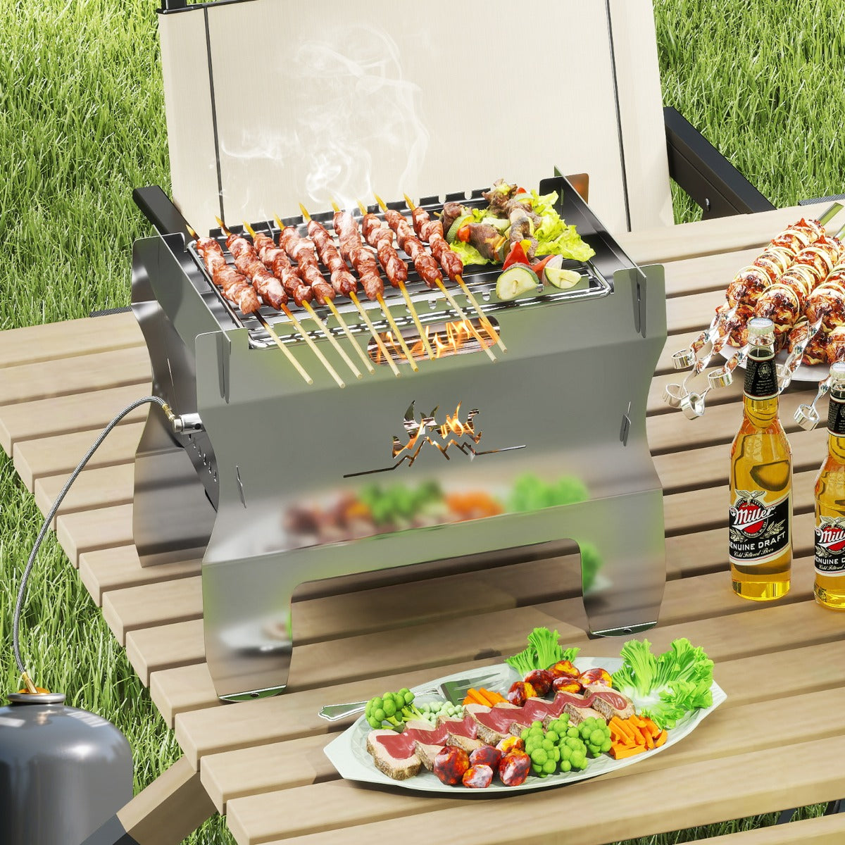 2-in-1 Camping Grill with Stainless Steel Grate and Carrying Bag-Black
