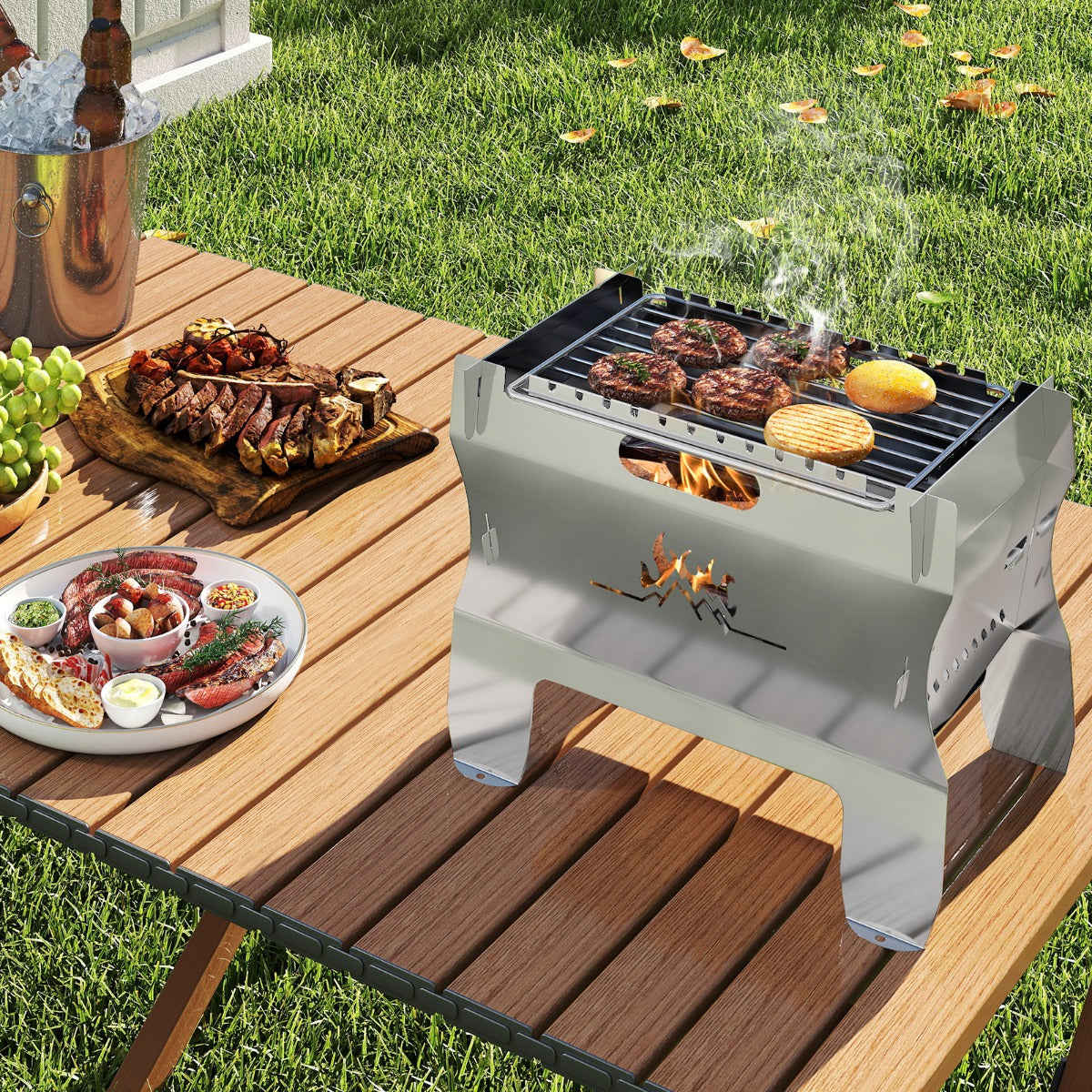 2-in-1 Camping Grill with Stainless Steel Grate and Carrying Bag-Black