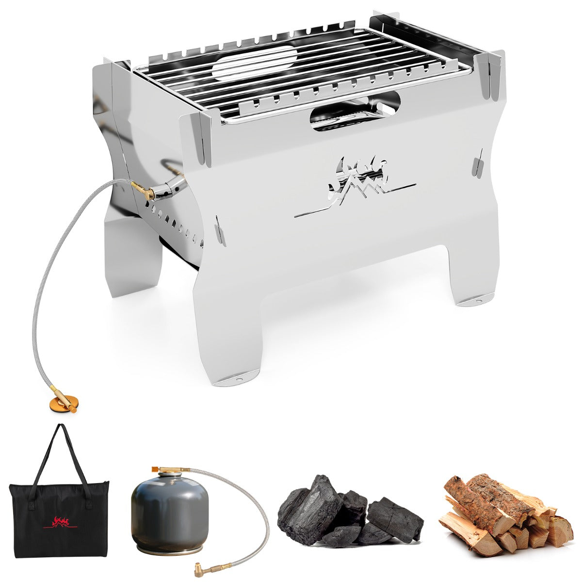 2-in-1 Camping Grill with Stainless Steel Grate and Carrying Bag-Black