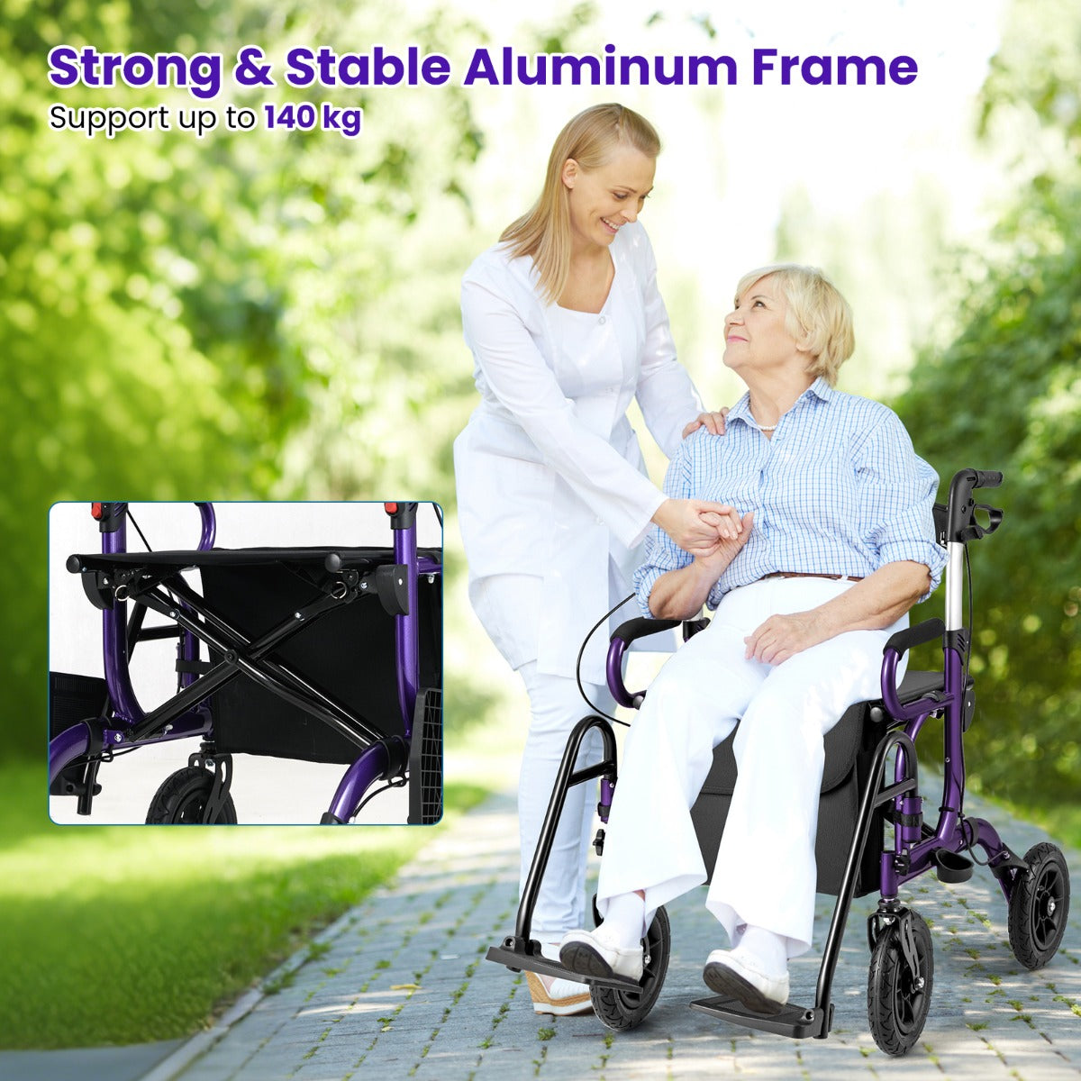 2-in-1 Foldable Rollator Walker with Seat and Pneumatic Tires for All Terrain-Black