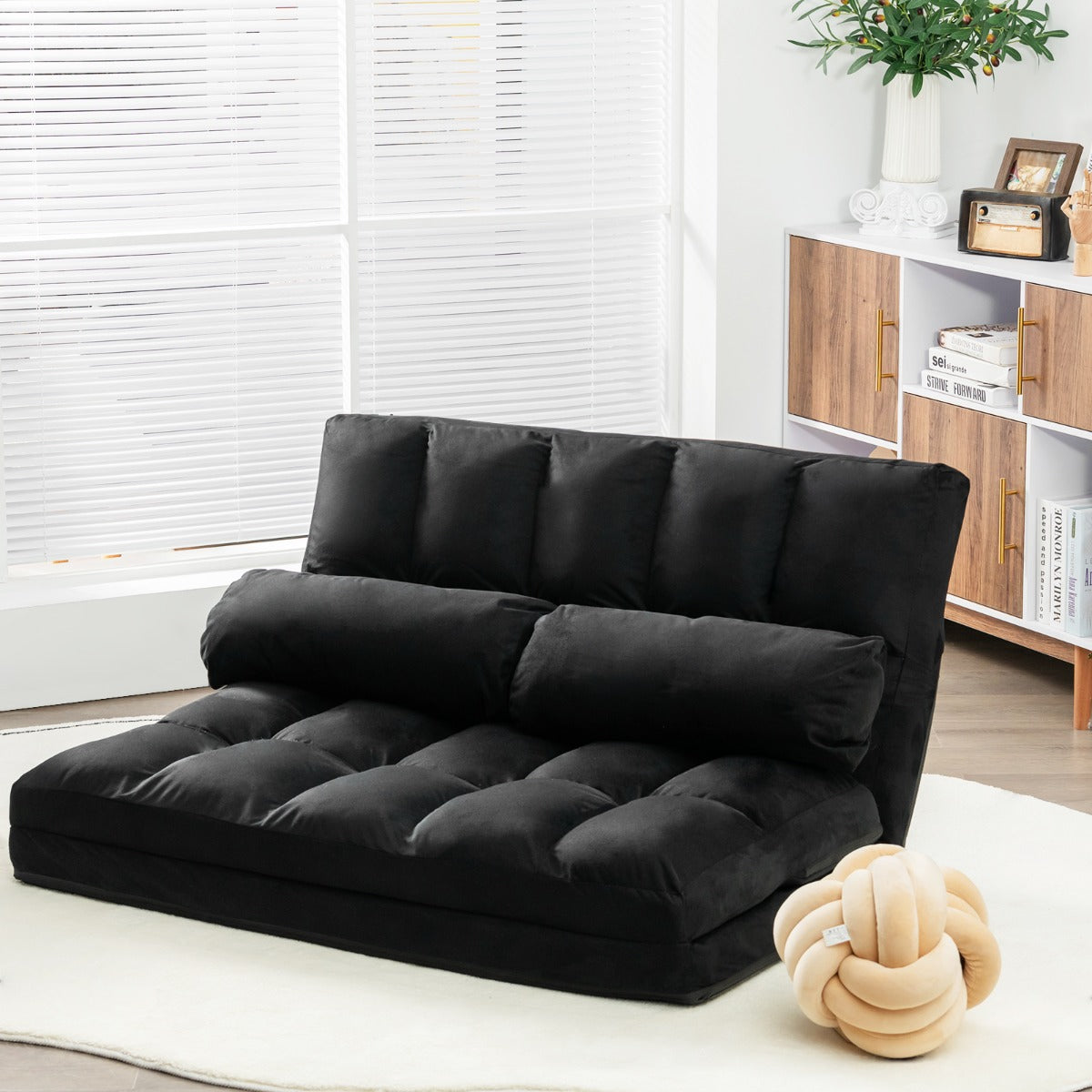2 in 1 Folding Floor Lazy Sofa Bed with 6 Adjustable Seat Positions and 2 Pillows-Beige