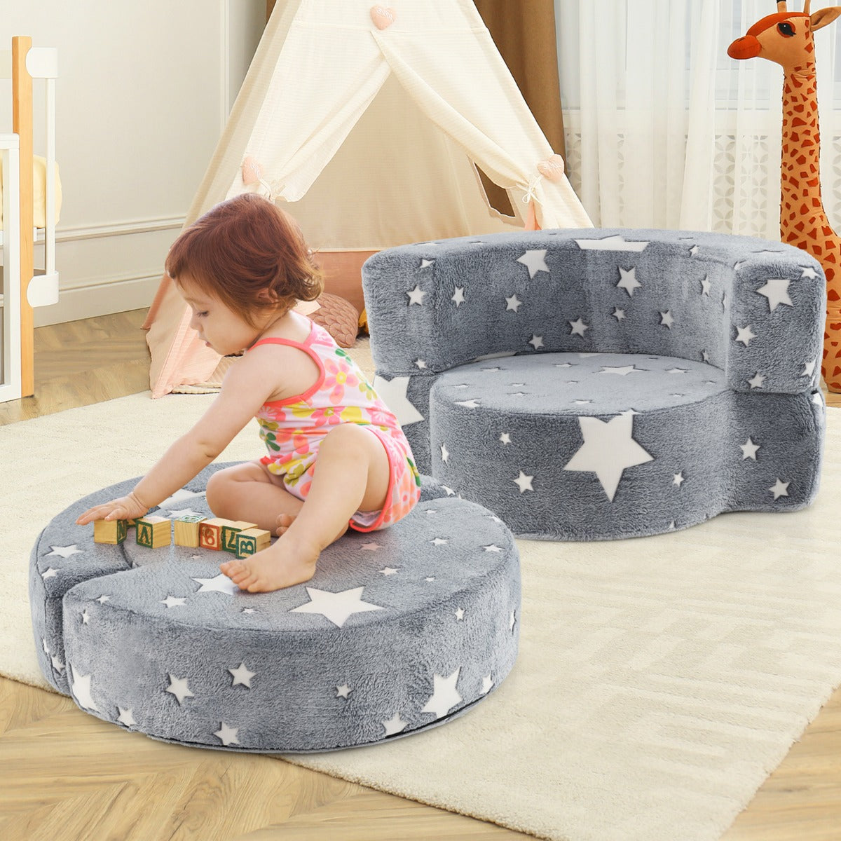 2 in 1 Glow in the Dark Sofa for Toddlers  with Machine Washable Flannel Cover-Grey