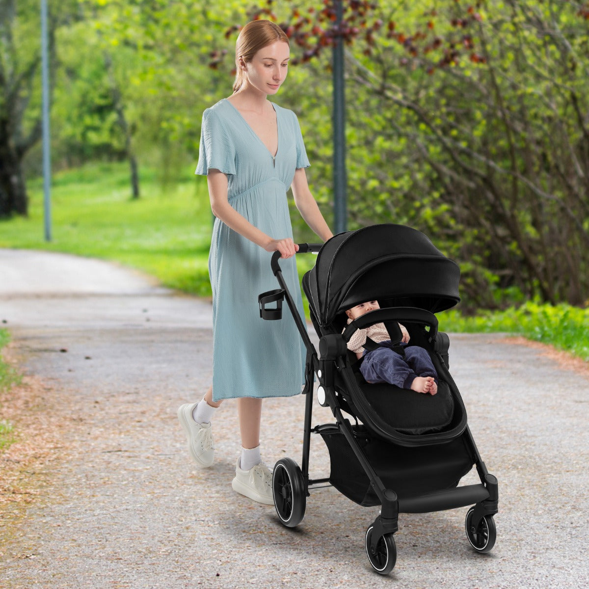 2 in 1 High Landscape Stroller with Reversible Seat and Adjustable Backrest and Canopy-Grey