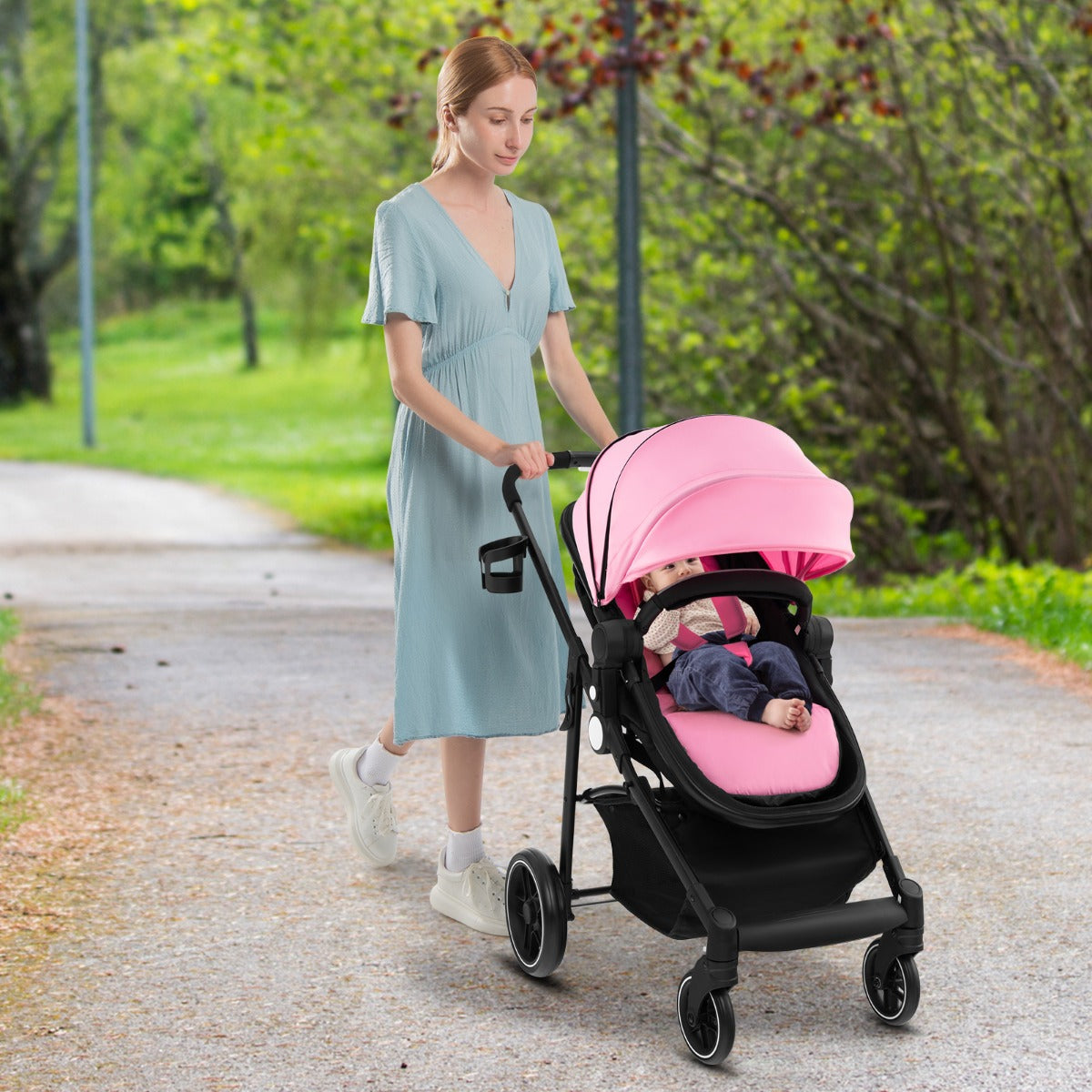 2 in 1 High Landscape Stroller with Reversible Seat and Adjustable Backrest and Canopy-Grey