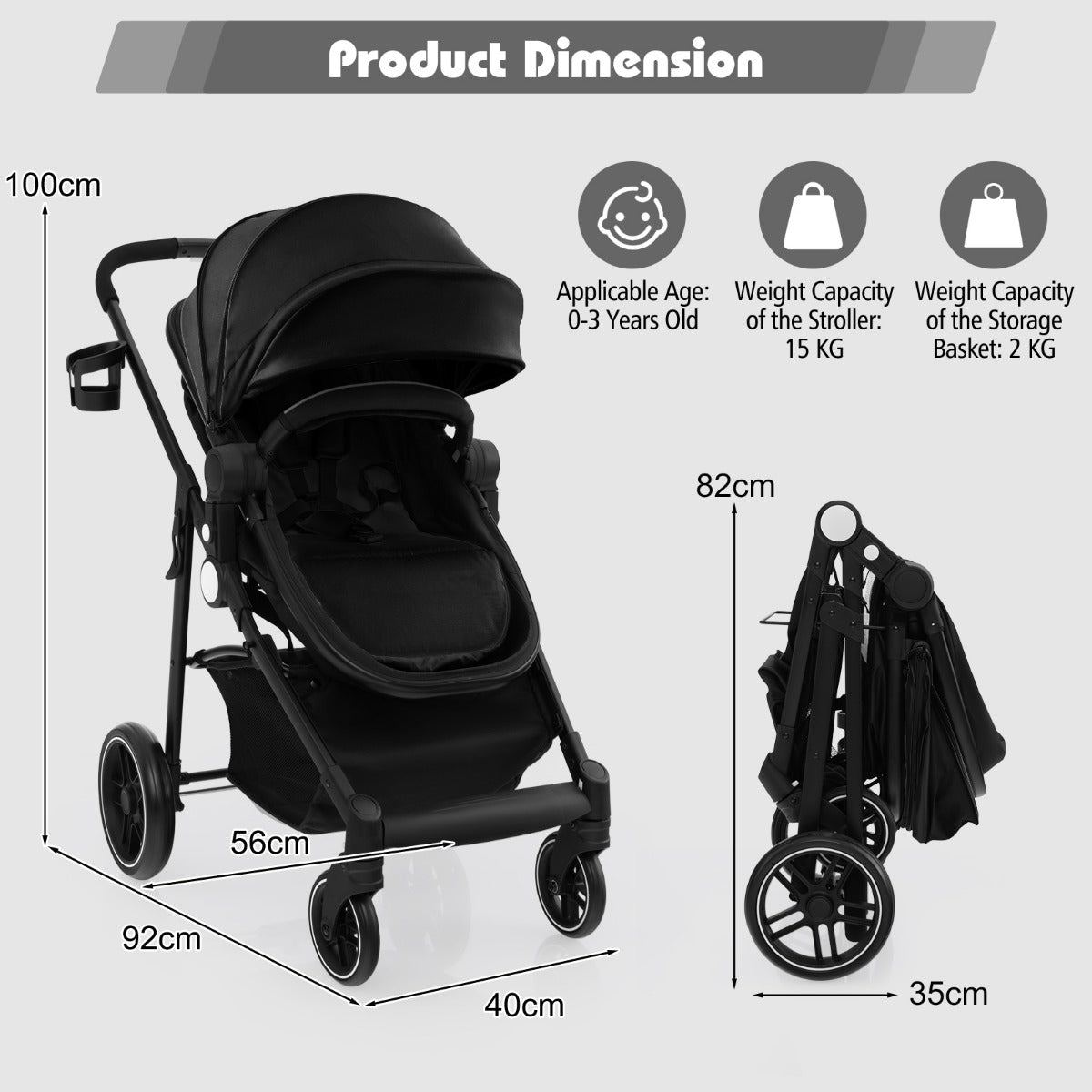 2 in 1 High Landscape Stroller with Reversible Seat and Adjustable Backrest and Canopy-Grey