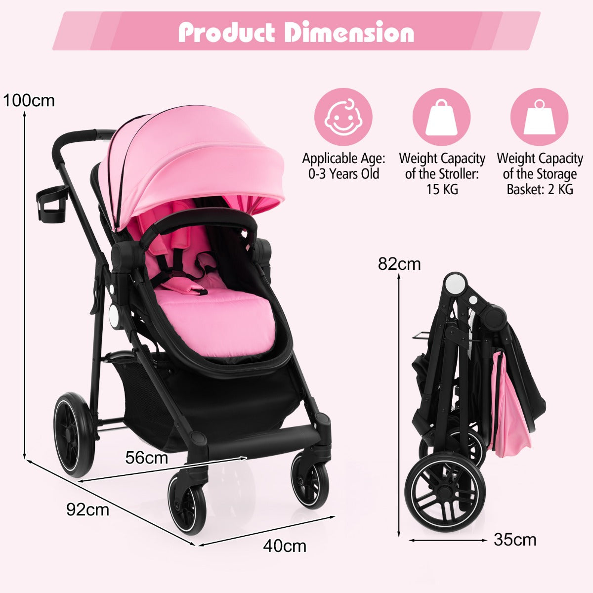 2 in 1 High Landscape Stroller with Reversible Seat and Adjustable Backrest and Canopy-Grey