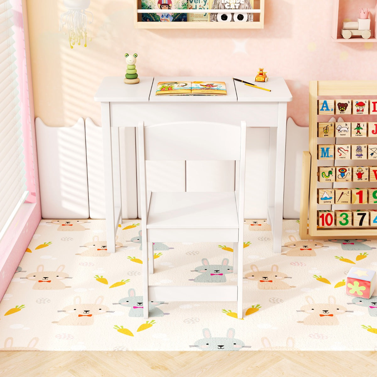 2 in 1 Kids Vanity Table and Chair Set with Flip Top Mirror Hidden Storage-Pink