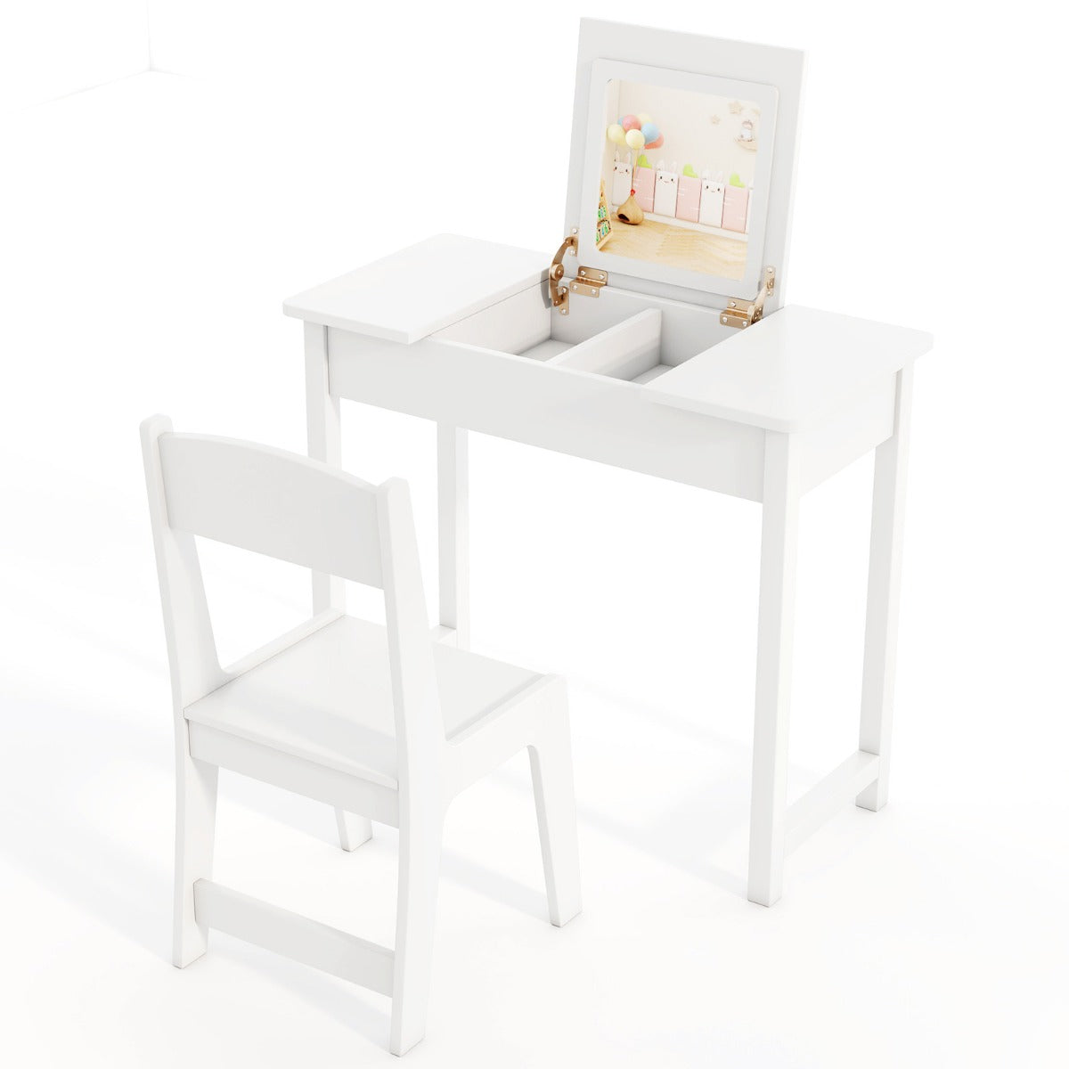 2 in 1 Kids Vanity Table and Chair Set with Flip Top Mirror Hidden Storage-Pink