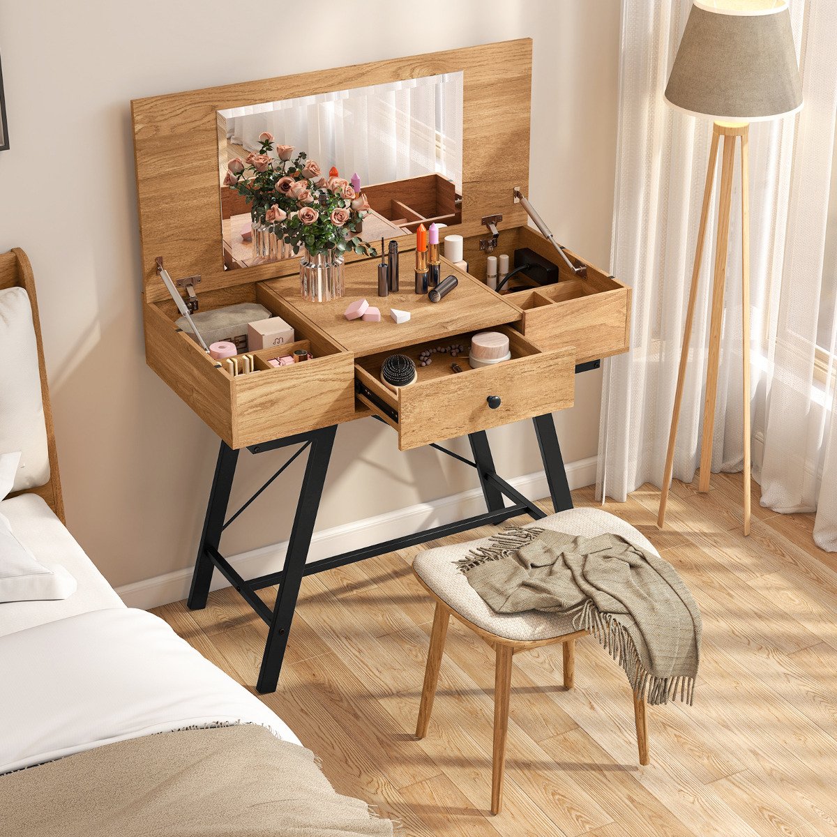 2-in-1 Vanity Desk with Mirror and Charging Station-Black