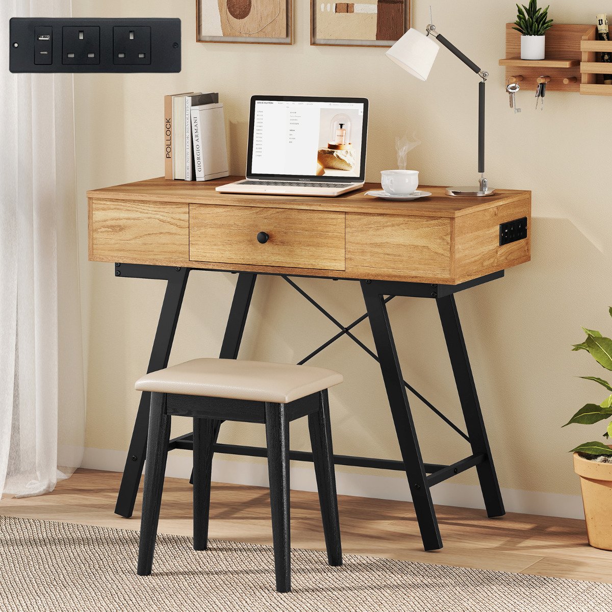 2-in-1 Vanity Desk with Mirror and Charging Station-Black