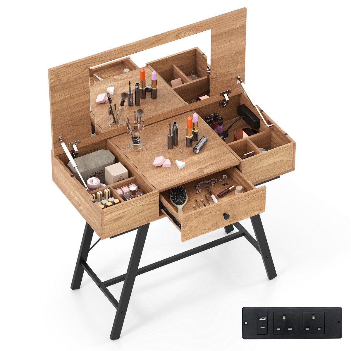 2-in-1 Vanity Desk with Mirror and Charging Station-Black