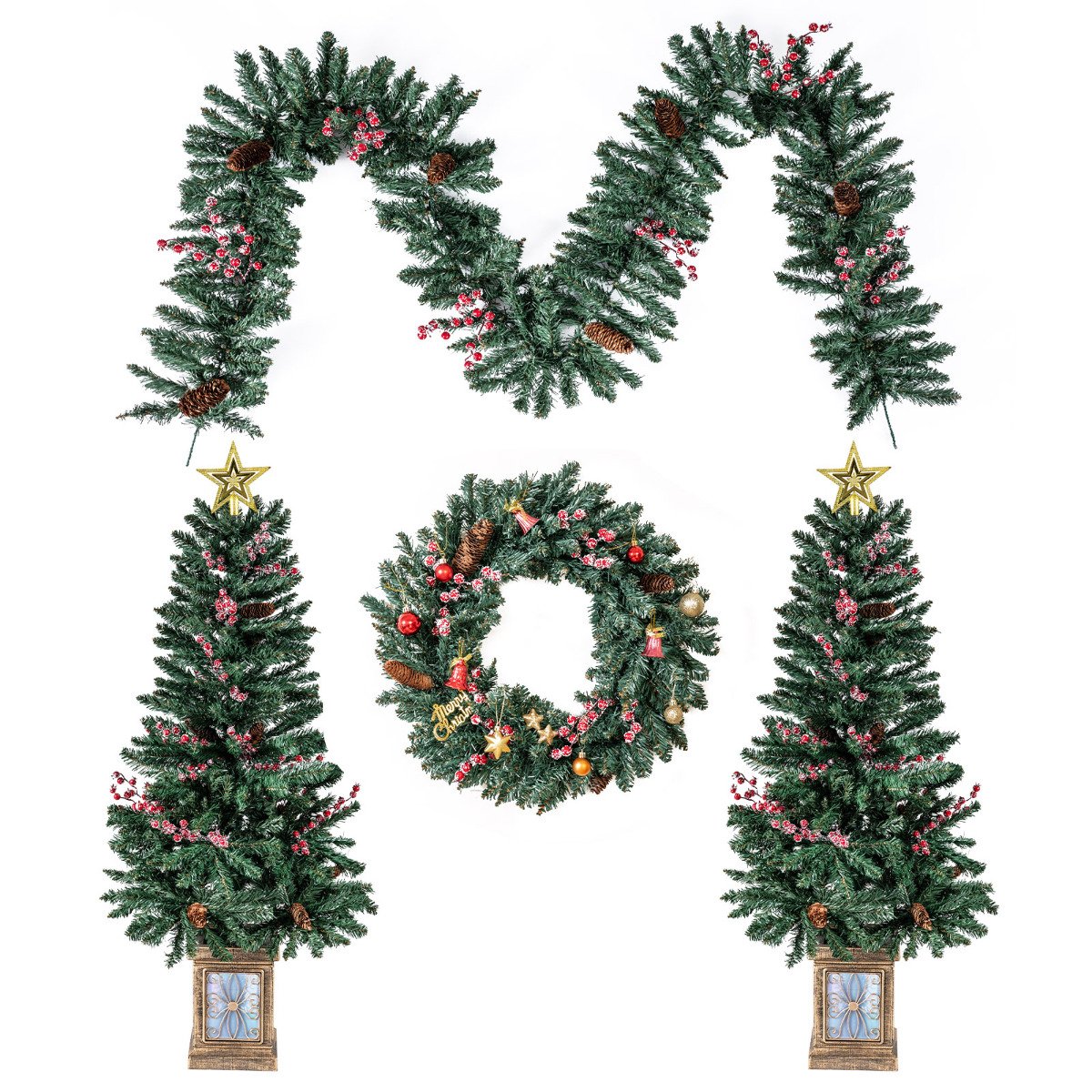 2 Pack Entrances Trees with Garland and Wreath Potted Christmas Tree Set of 4-2 Pack