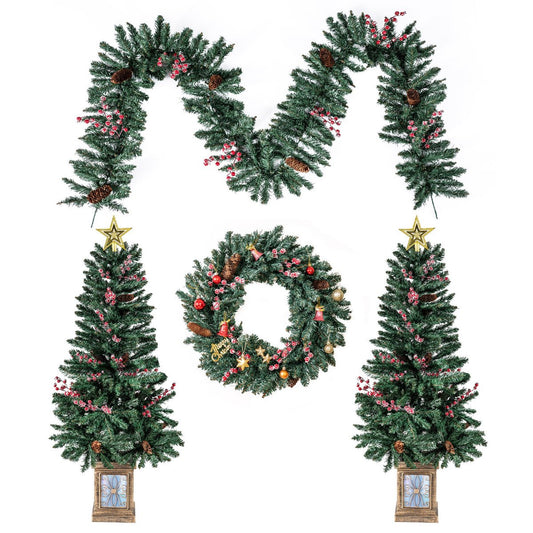 2 Pack Entrances Trees with Garland and Wreath Potted Christmas Tree Set of 4-2 Pack